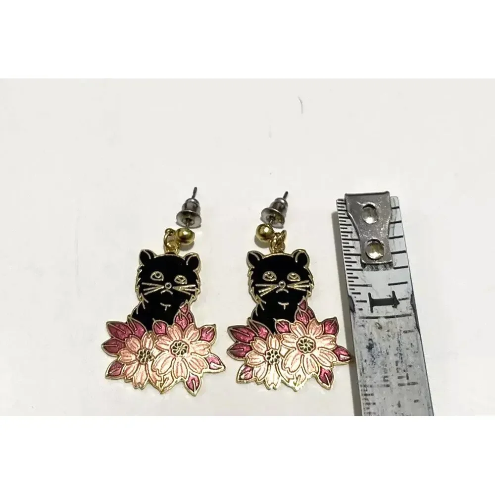 Cloisonne Gold Tone Black Cat Floral Enamel Pierced Dangle Earrings